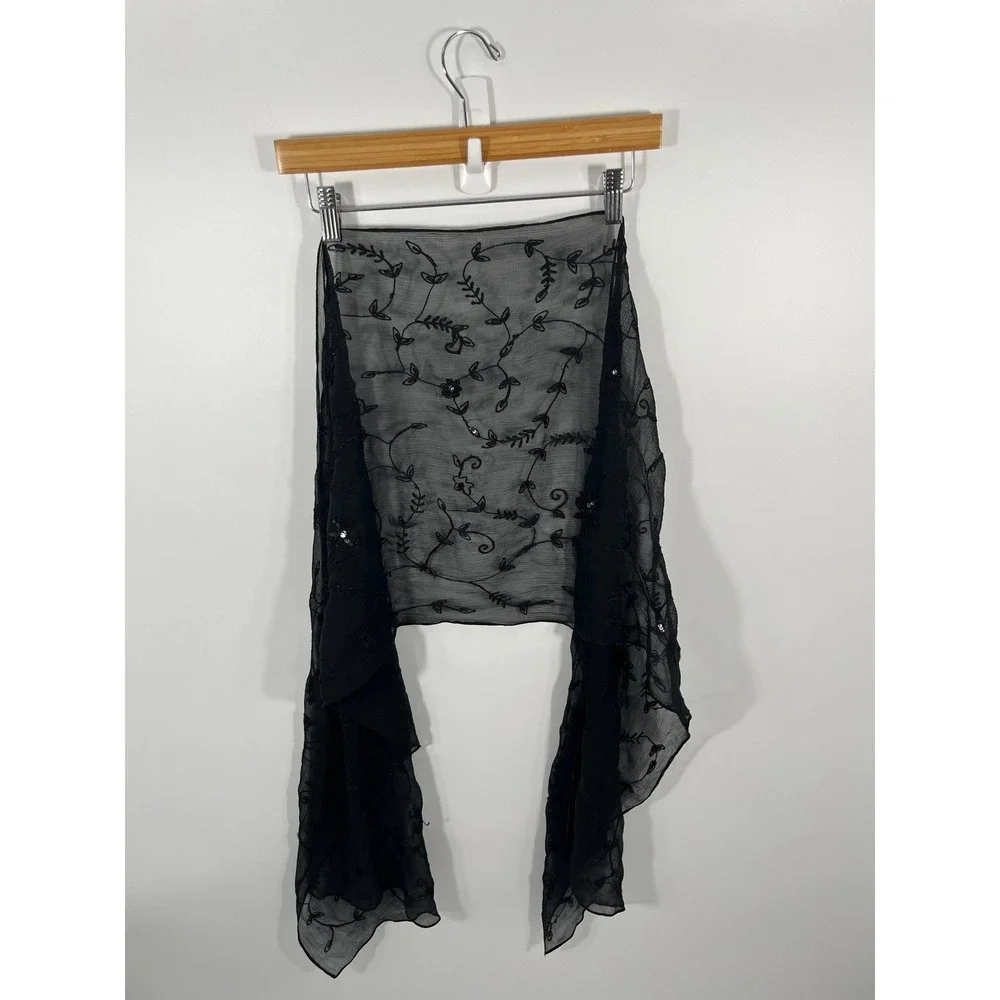 Womens Sheer Scarf Black Floral Embroidered Y2K Whimsigoth Dark Fairy Grunge
